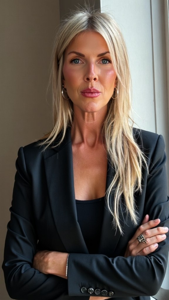 Natalie Marie in a black blazer, arms crossed